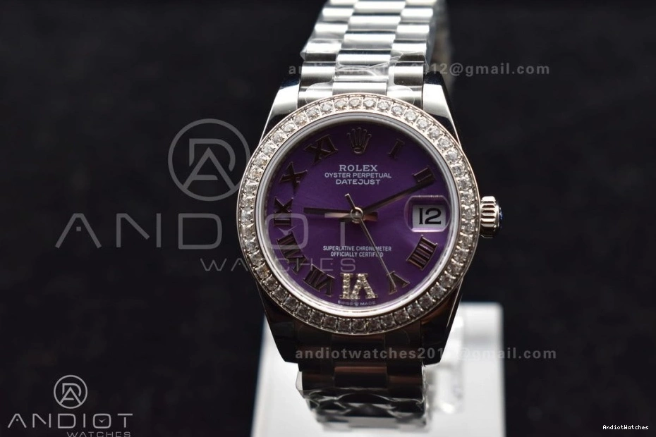 278289 President Purple Steel Diamonds DateJust Roman 552 Ladies Bezel Dial 316L BPF Contemporary on Markers Style 31 Bracelet 0512